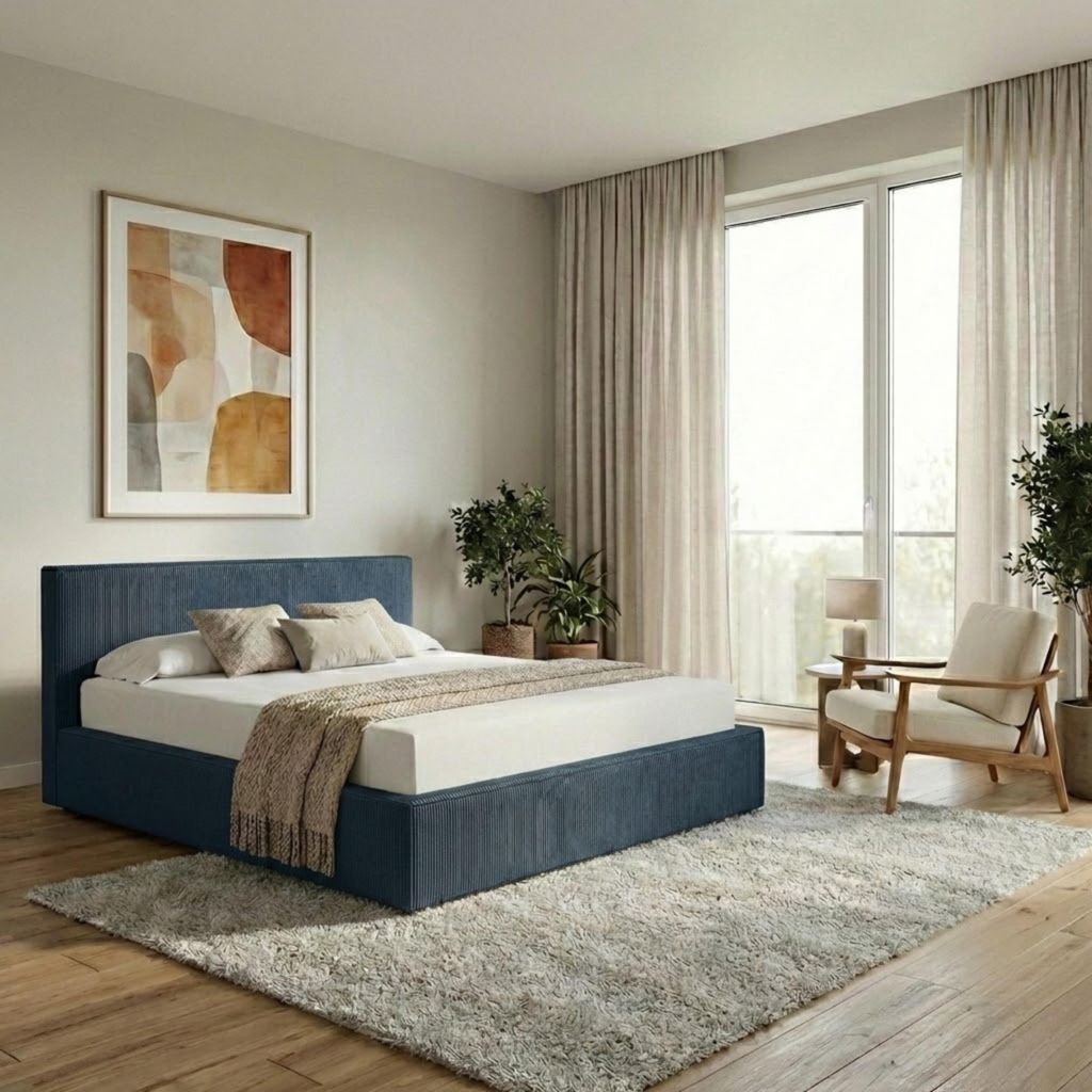 Polsterbett 180x200 - Blau - Hochwertiger Cord-Stoff - Modernes Doppelbett mit Bettkasten & Lattenrost - Stauraumbett mit Kopfteil für Schlafzimmer