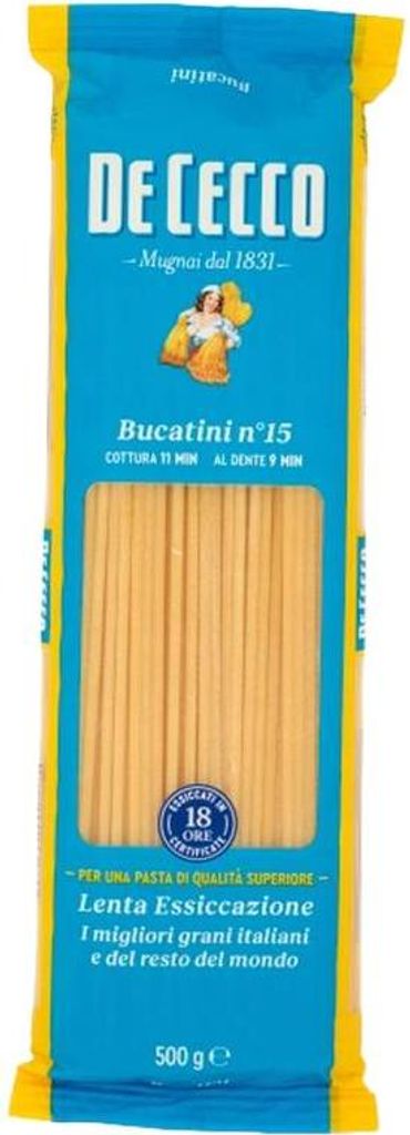 A package of De Cecco Bucatini pasta.