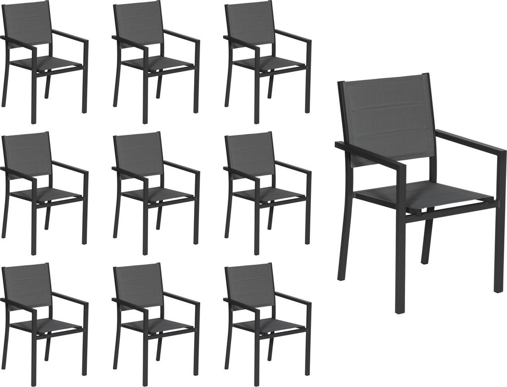 10er Set gepolsterten Stühlen aus anthrazitfarbenem Aluminium - graues Textilene