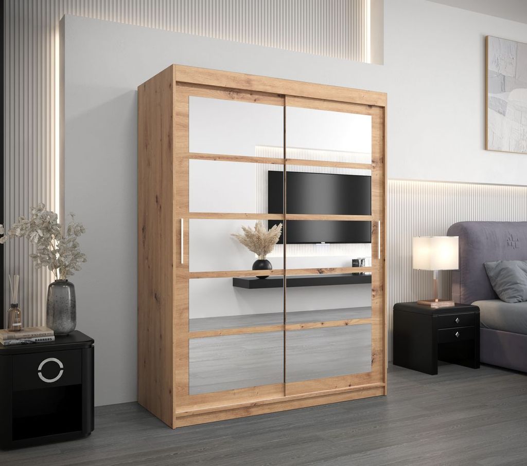 Kleiderschrank mit Spiegeln KARLA – Breite 150 cm, Eiche handgefertigt