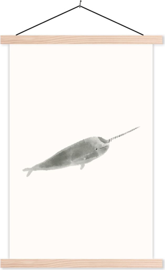 MuchoWow Textilposter Narwal - Meerestiere - Aquarell 40x60 cm mit holzfarbenen Rahmen - Poster