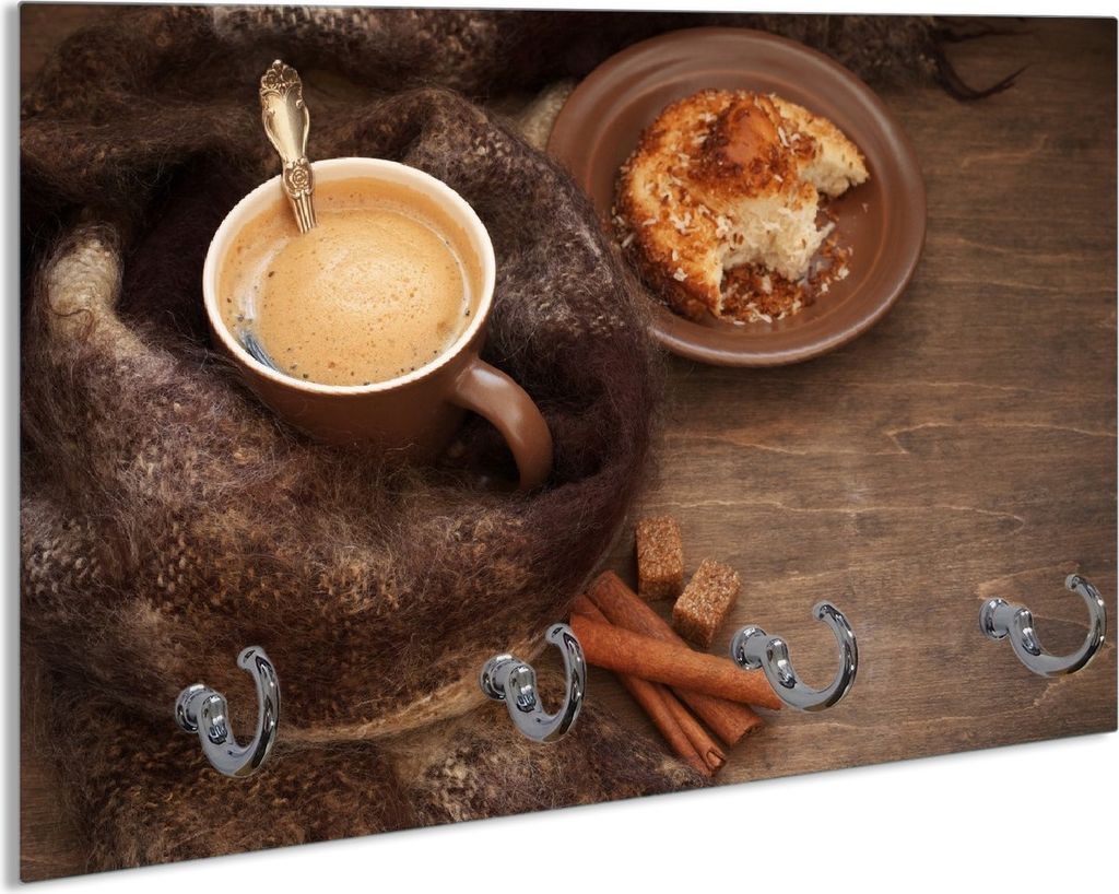 Wallario Schlüsselbrett aus Glas, Motiv: Kuchen und Kaffeegenuss, 30 x 20 cm mit 4 Haken