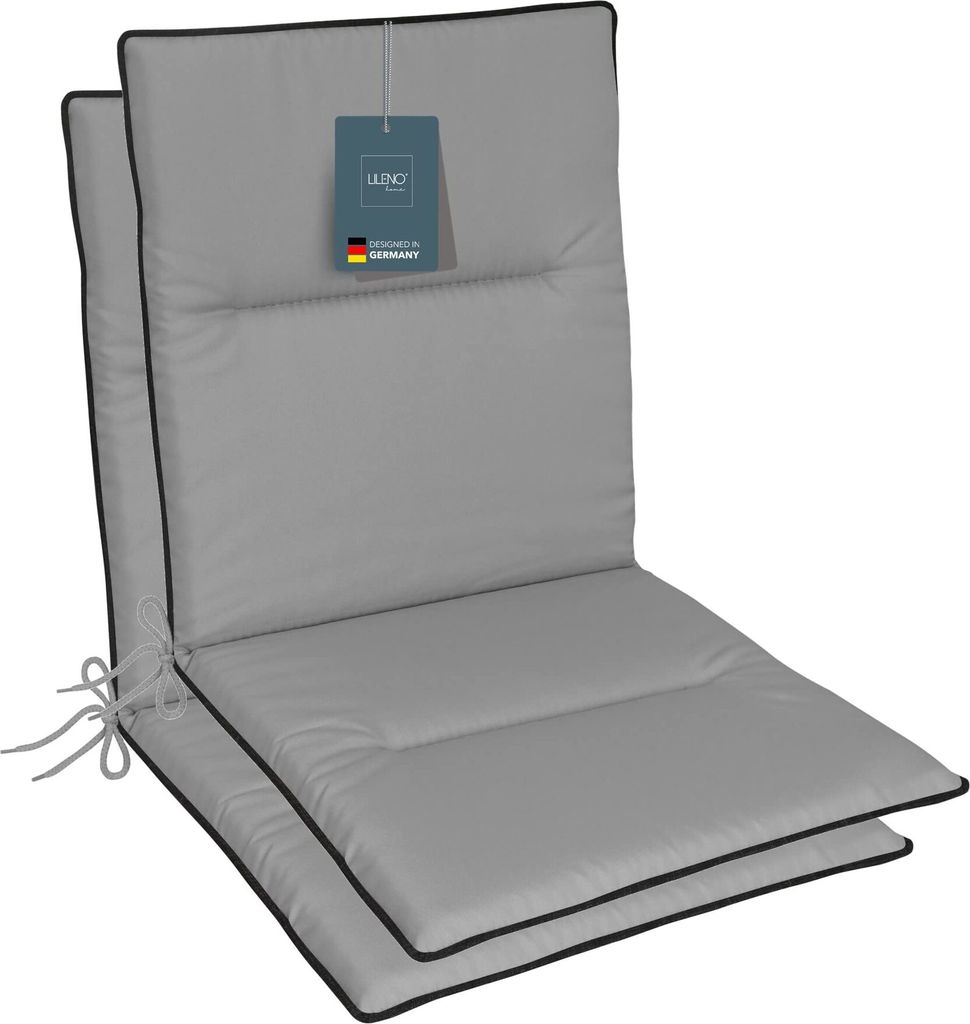 LILENO HOME Gartenstuhl Auflagen als [2er Set - Niedriglehner] in Grau + Keder Anthrazit - bequeme Liegen als Sitzauflagen für Gartenmöbel - Stuh...