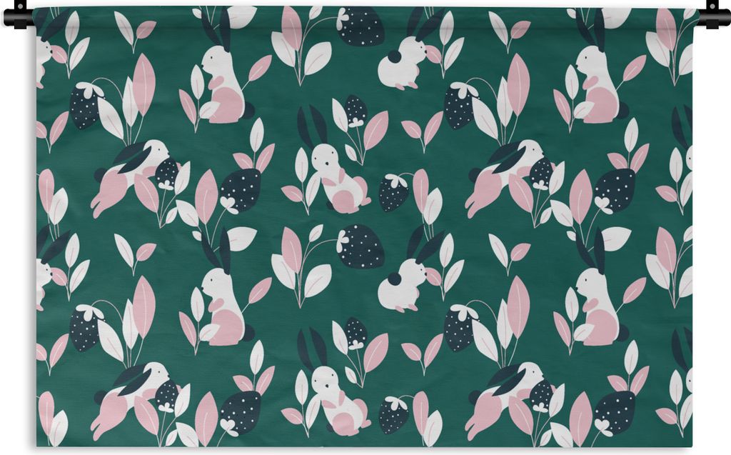MuchoWow Wandteppich Wandbehang Erdbeeren - Muster - Kaninchen 120x80 cm Tapisserie Dekoration Wandtuch - Wanddekorationen - Wandtücher