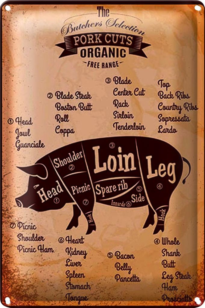 Blechschild Metzger 40x30cm Pork cuts Organic free Schwein