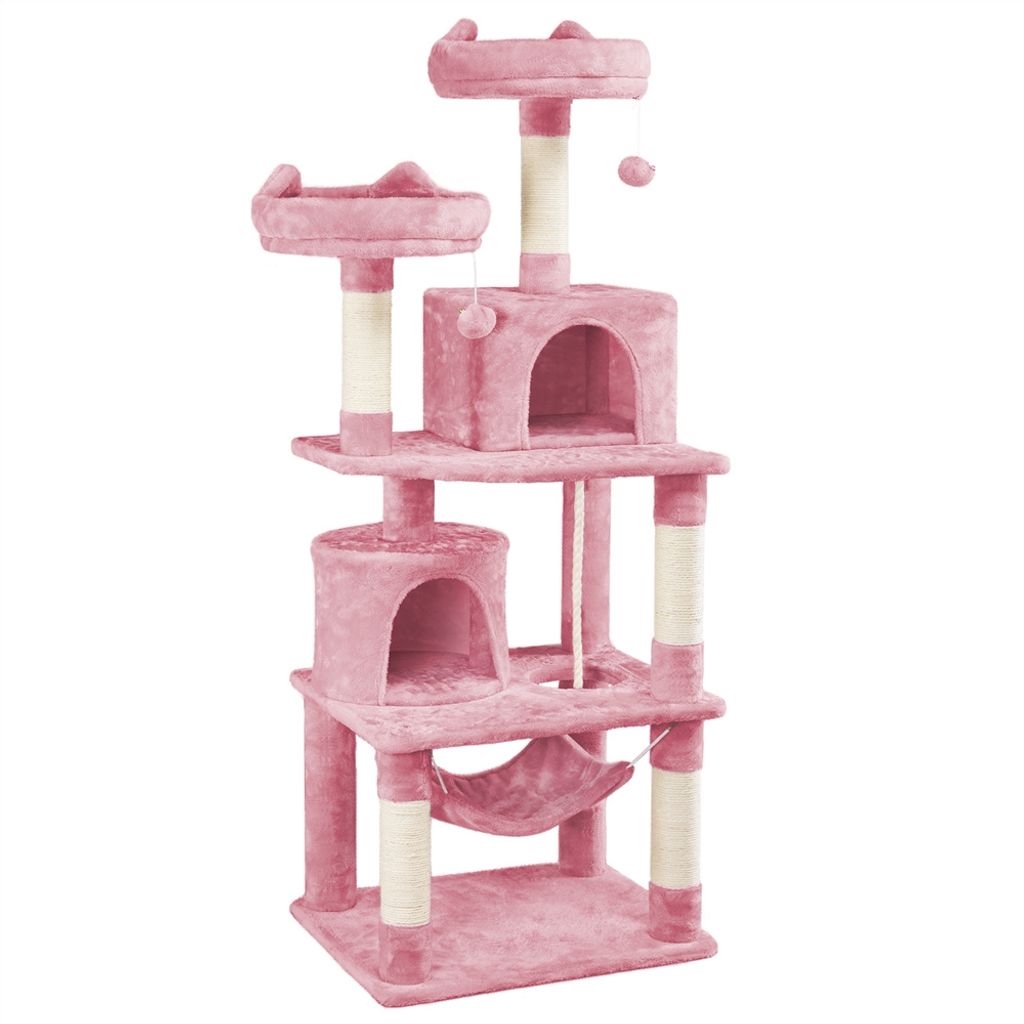 A pink cat tree with multiple levels, platforms, and scratching posts, set against a white background.