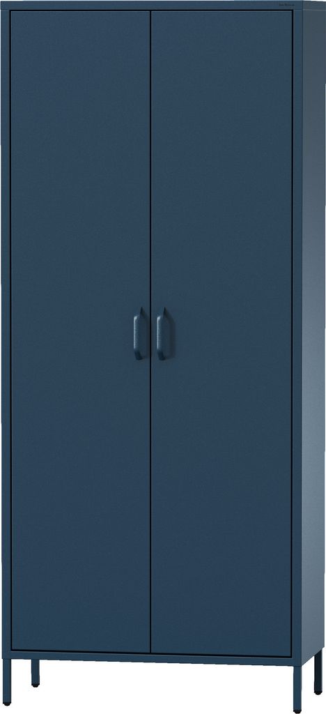 A dark blue cabinet with two doors and silver handles.