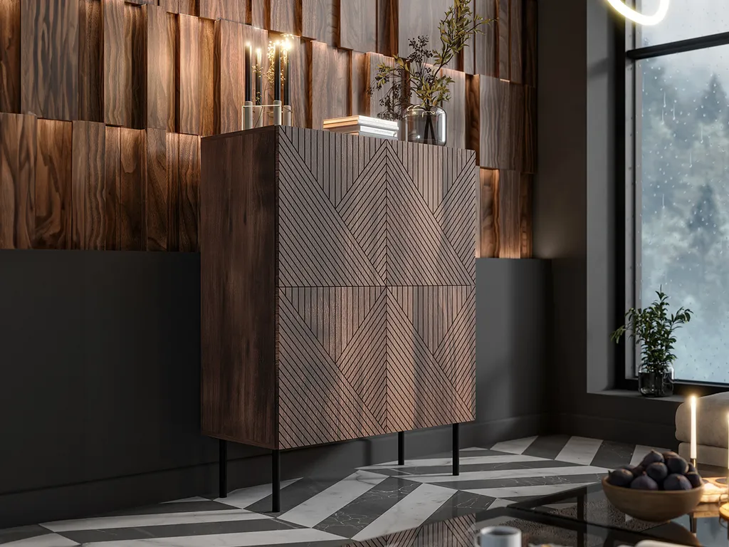 Commode RIESEL finition noyer - Meuble de séjour à portes battantes