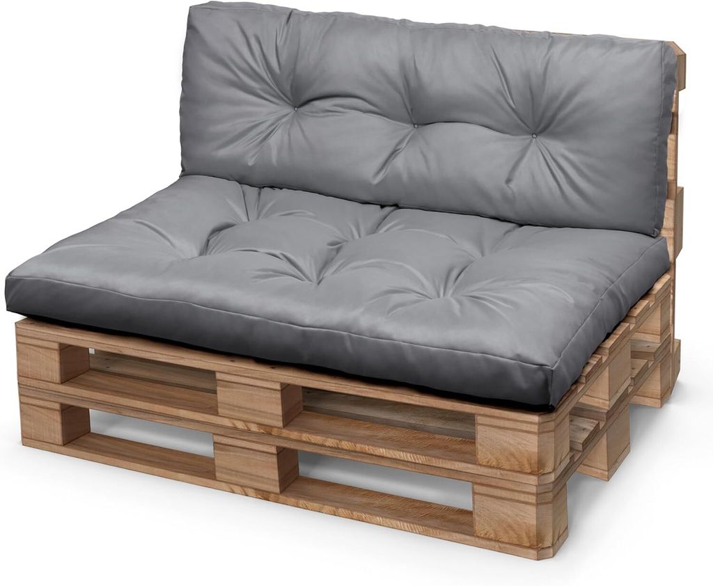 A grey cushion set on a wooden pallet base, presented against a white background.