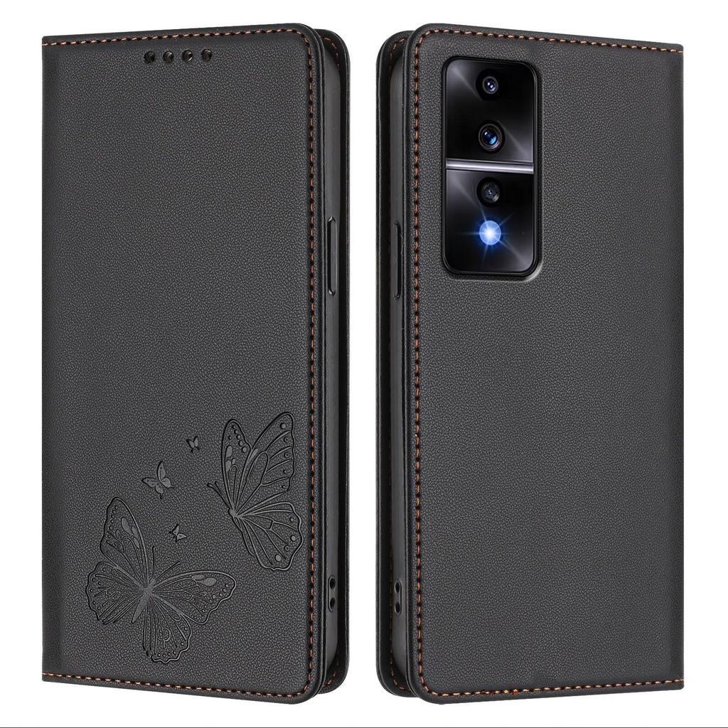 Lederhülle für Honor 80 GT, Schmetterling Prägung Leder Brieftasche Schutzhülle mit Ständer Schwarz
