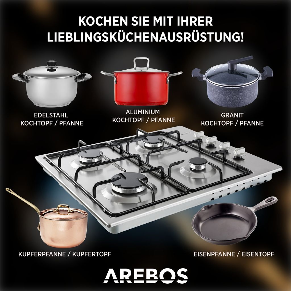 AREBOS plynová varná doska 4 horáky, nerezová oceľ, vrátane Obrázok produktu 5