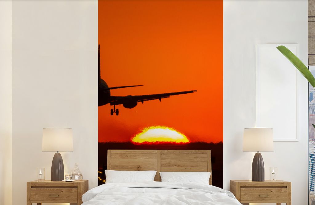MuchoWow Fototapete für Wohnzimmer oder Schlafzimmer Wandtapete Vinyl Motivtapete Sonnenuntergang - Flugzeug - Orange - Sonne - 120x240 cm - Hin...