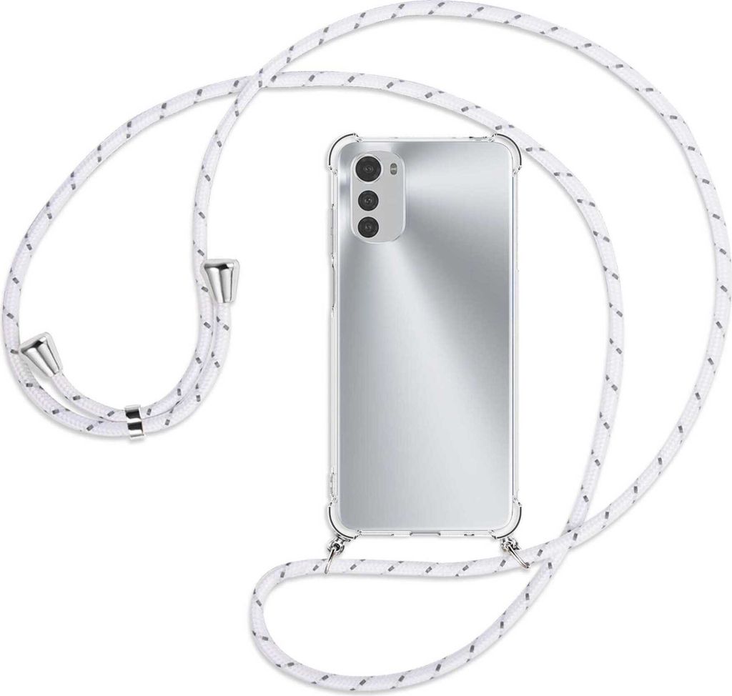 Handykette Backcover-Schutzhülle mit Band (Metall silberfarben) für Motorola Moto E32, Moto E32s - weiß/grau