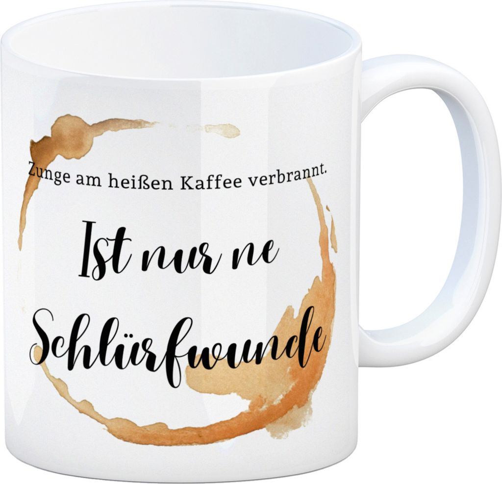 Kaffeefleck Kaffeebecher mit Spruch Zunge am heißen Kaffee verbrannt