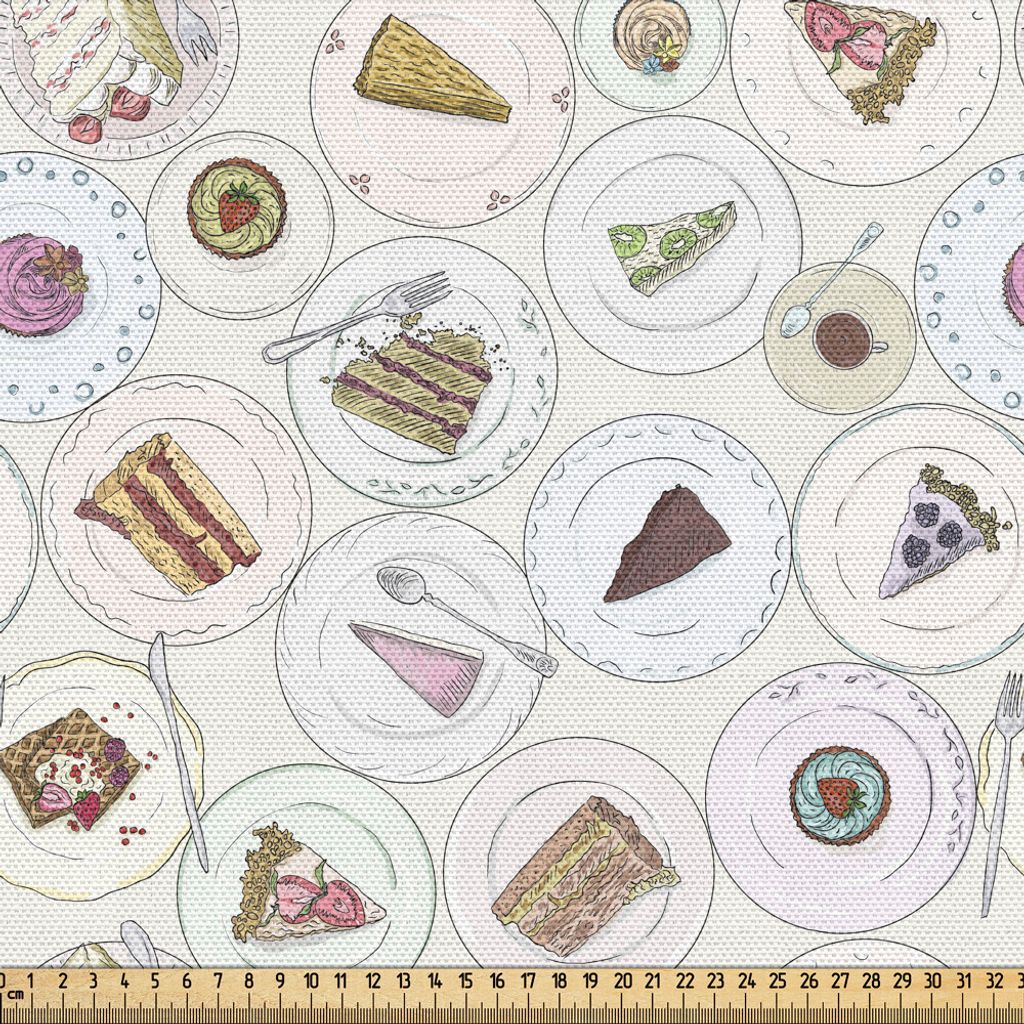 ABAKUHAUS Dessert Gewebe als Meterware, Kuchen und Süßwaren Elemente Verschiedene Kuchen Scheiben und Kuchen Vintage-Gebäck-Doodle, 5 M (148 x 5...