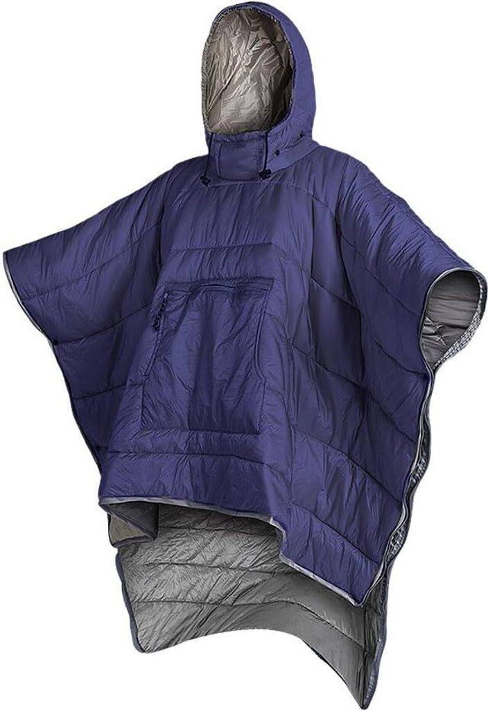 2-in-1-Winter-Poncho-Mantel Mit Großer Fronttasche Und Winddichter Mütze, 200cm Outdoor-Camping-Schlafsack, Tragbare Kapuzendecke(Marine)