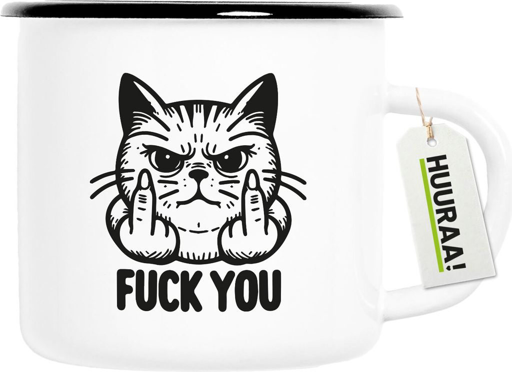 Huuraa Emaille Tasse F*ck you grimmige Katze 300ml Vintage Campingbecher Geschenkidee