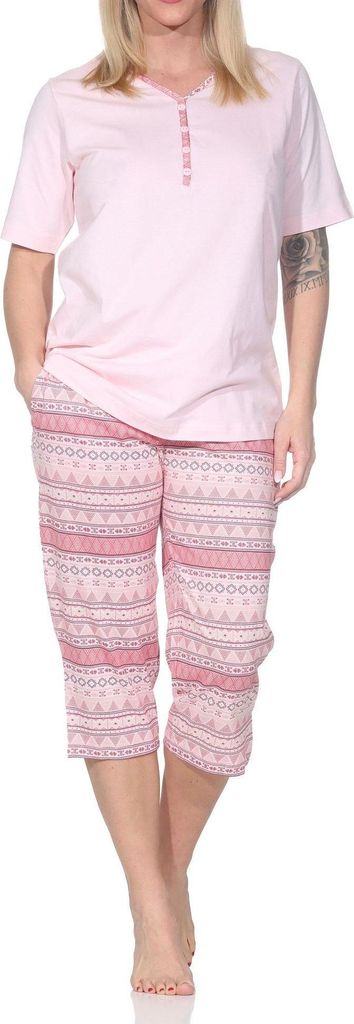 Normann Damen kurzarm Capri Schlafanzug Pyjama im Ethnolook - auch in Übergrössen ; rosa2 , 60