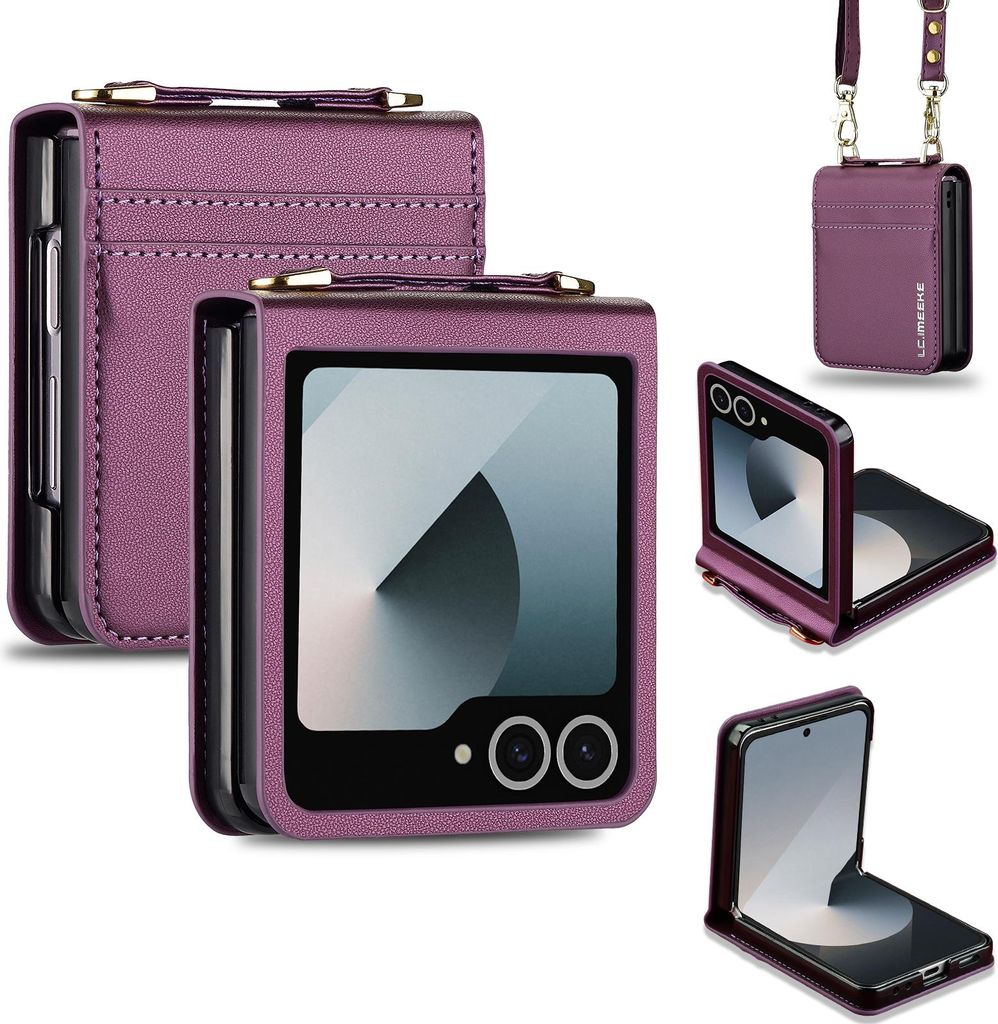 Handyhülle für Samsung Galaxy Z Flip 7, Leder Crossbody Klapphülle mit Umhängegurt und Kartenfach Lila