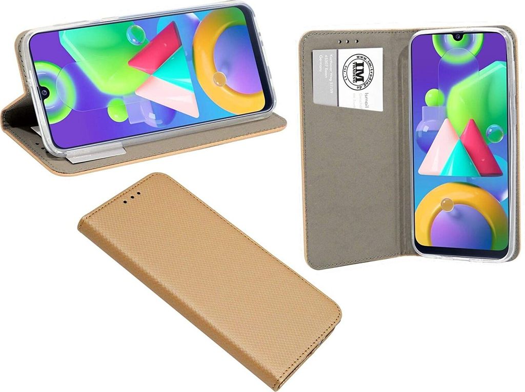 Buch Tasche "Smart" kompatibel mit SAMSUNG GALAXY M21 ( M215F ) Handy Hülle Etui Brieftasche Schutzhülle mit Standfunktion, Kartenfach Gold