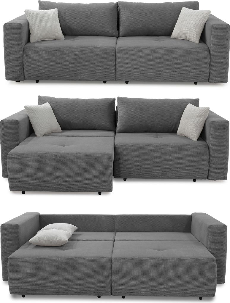 Schlafcouch Verwandlung Big-Sofa zum Ecksofa Schlaffunktion Bettkasten Cord Grau / 15241