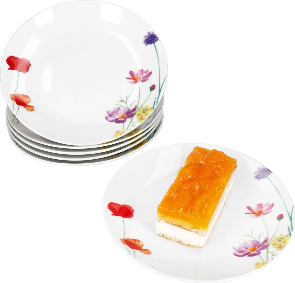 6er Set Marie Kuchenteller Porzellan 6 Personen Dessert Frühstücks-Teller Blumen