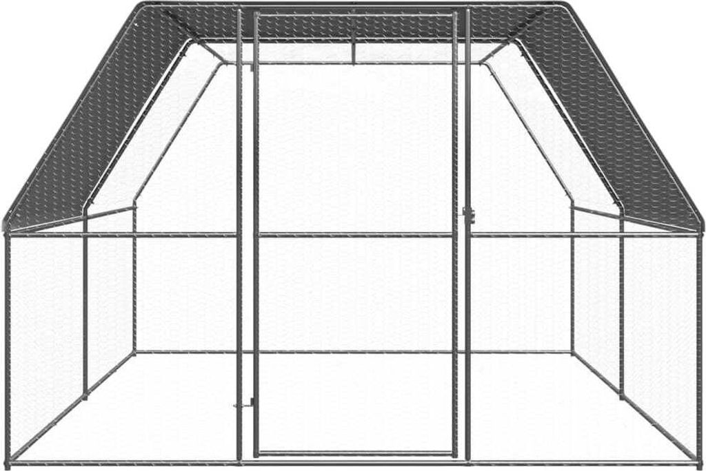 A gray metal outdoor chicken coop with a dark gray roof, shown from the front.