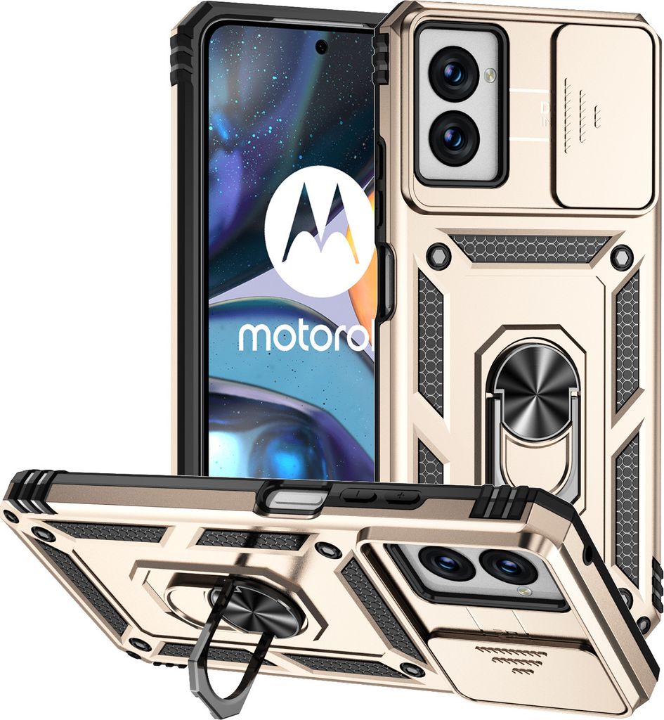 Hülle für Motorola Moto G Power (2024) mit Schiebe Kamera Schutz und Ringhalter Ständer Hybrid Schutzhülle Gold