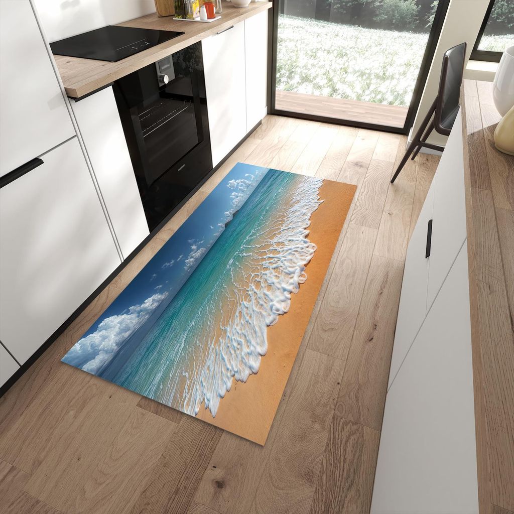 Küchenteppich 90x180cm rutschfest & abwischbar PVC Läufer - Wellen am Sandstrand