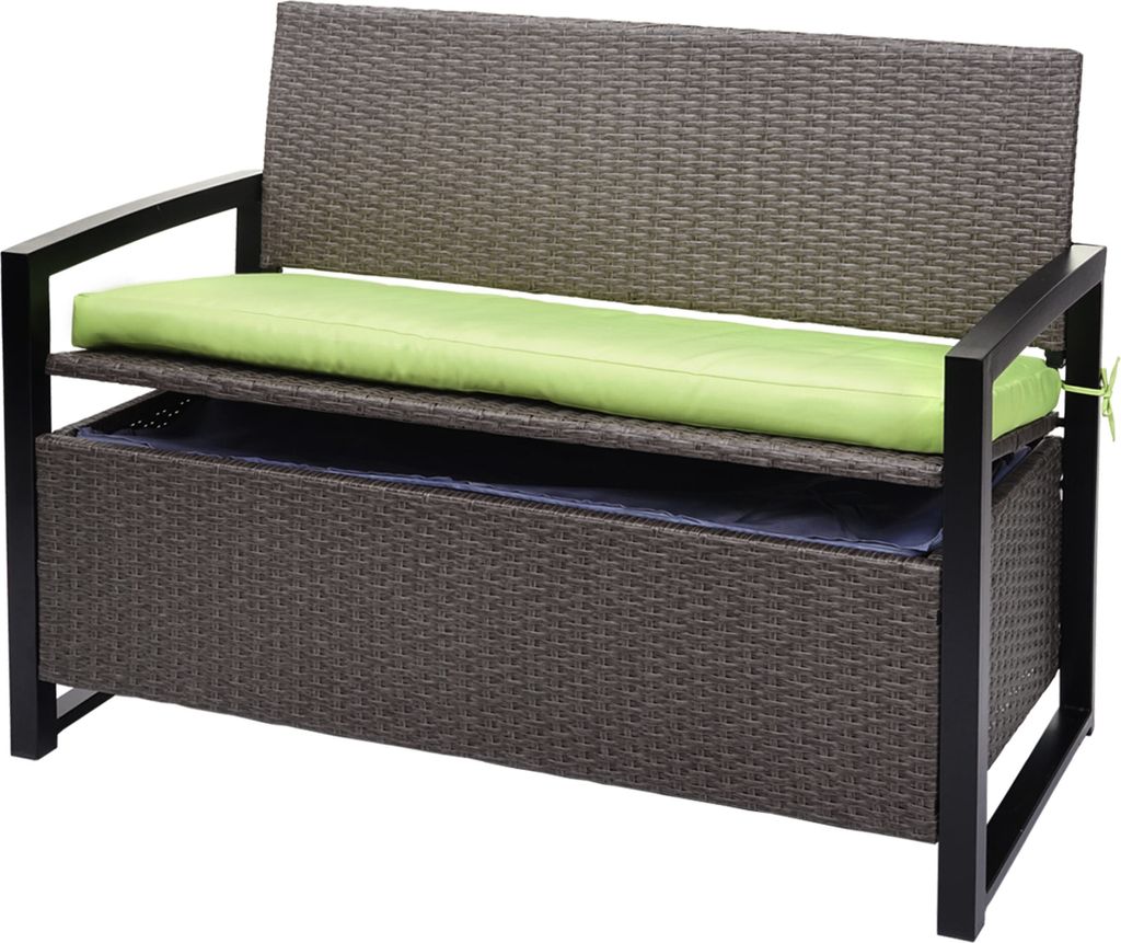 A poly-rattan bench with a storage compartment and a green cushion.