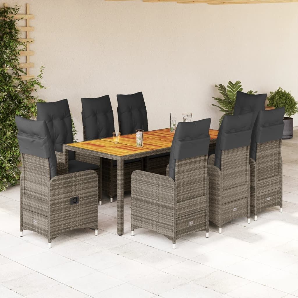 Design 9-tlg. Garten-Bistro-Set mit Kissen Grau Poly Rattan, Gartenmöbel-Sets 2024 Neu