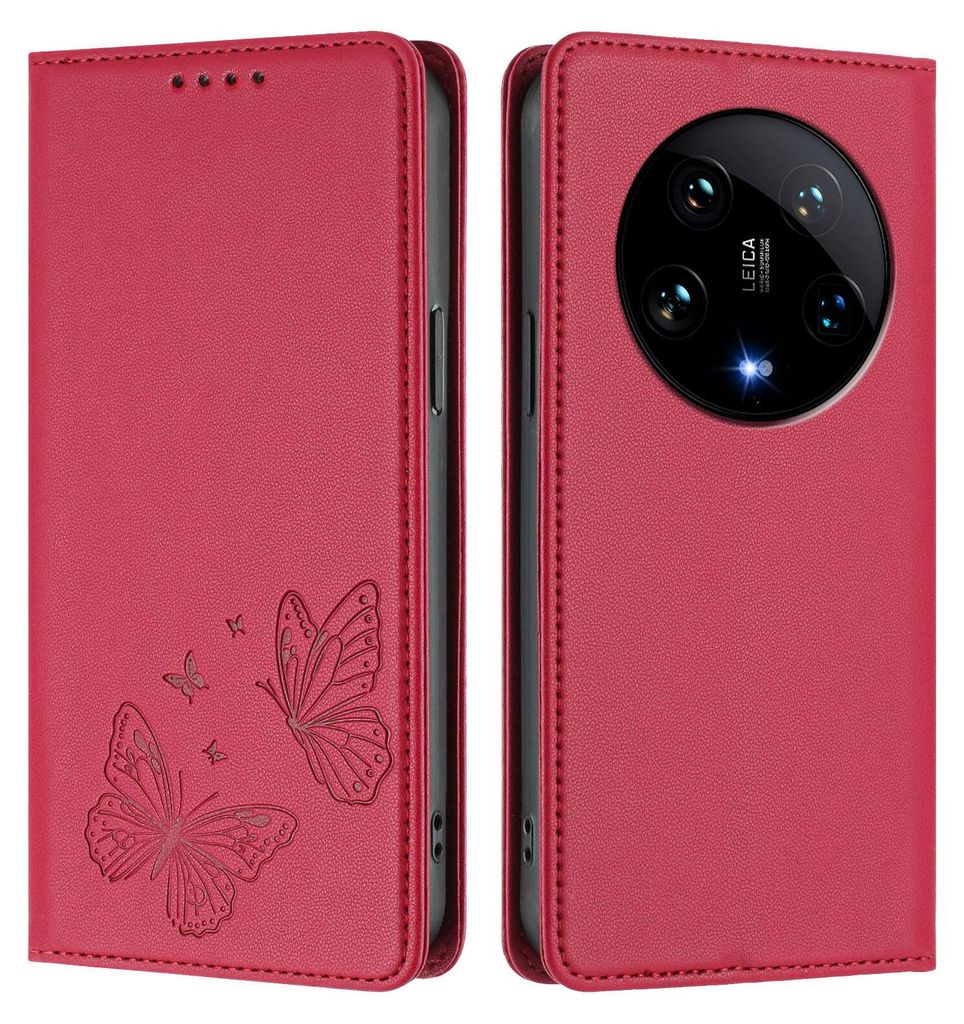 Lederhülle für Xiaomi 14 Ultra, Schmetterling Prägung Leder Brieftasche Schutzhülle mit Ständer Rot