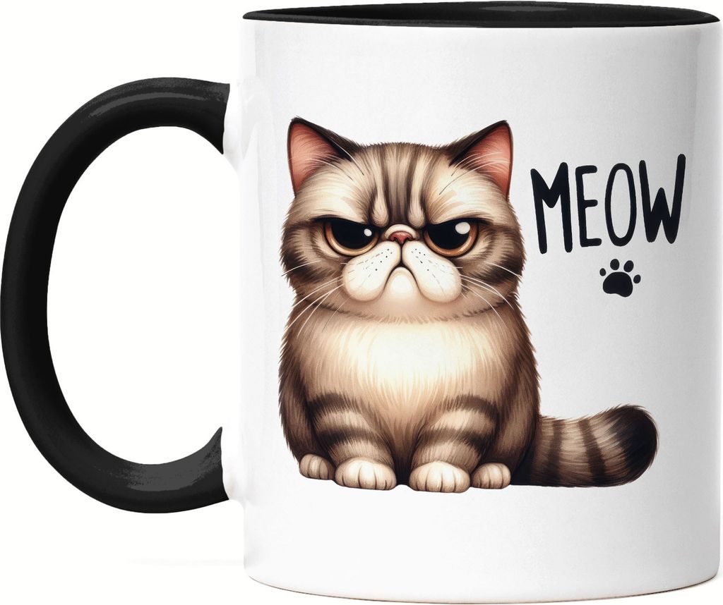 Meow Katze Grumpy Tasse Schwarz Lustig Geschenkidee für Katzenliebhaber
