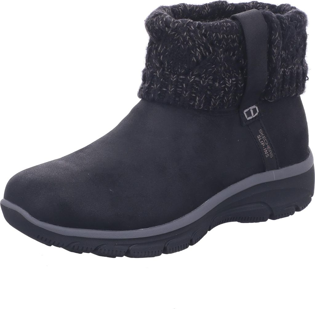 A single black boot with a knitted cuff is shown against a white background.