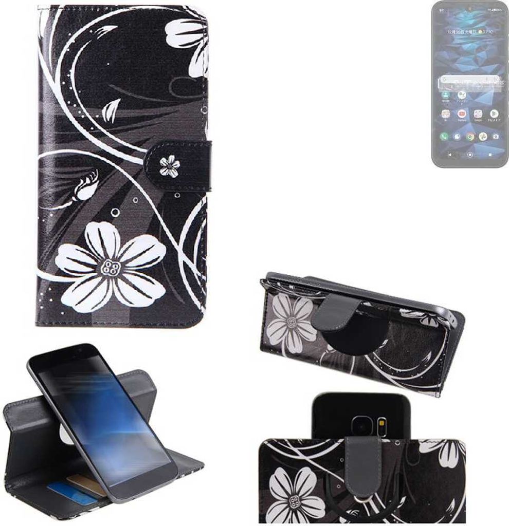 K-S-Trade Schutzhülle Handyhülle kompatibel mit Kyocera Digno SX3 Hülle 360° Wallet Case “Flowers“ Klapphülle Hülle schwarz-weiß 1x