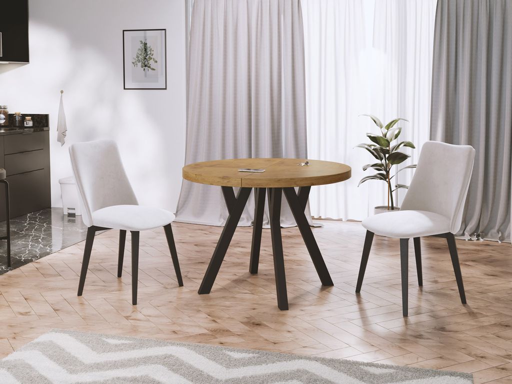 Designer Runder Ausziehbarer Esstisch - Loft-Stil, Industriell, Platzsparend - Schwarze Beine - 100 bis 200 cm - für 5-10 Personen - Hergestellt i...