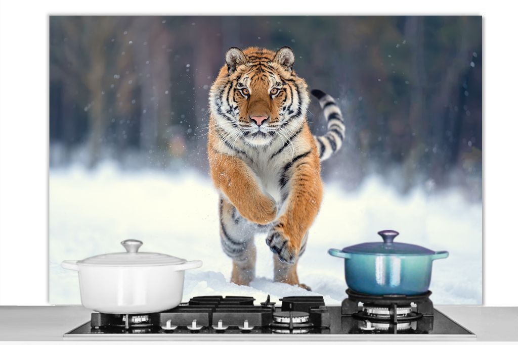 KitchenYeah Spritzschutz Küche - Küchenrückwand - Wandschutz für Herd und Spüle - Tiger - Landschaft - Schnee - Tiere 120x80 - Alu-Dibond (A...