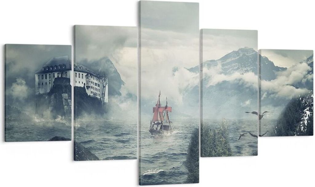 Bild auf Leinwand - Leinwandbild - 5 Teile - Sturm Berge Segelschiff - 125x70cm - Wand Bild - Wanddeko - Wandbilder - Leinwanddruck - Bilder - Wand...