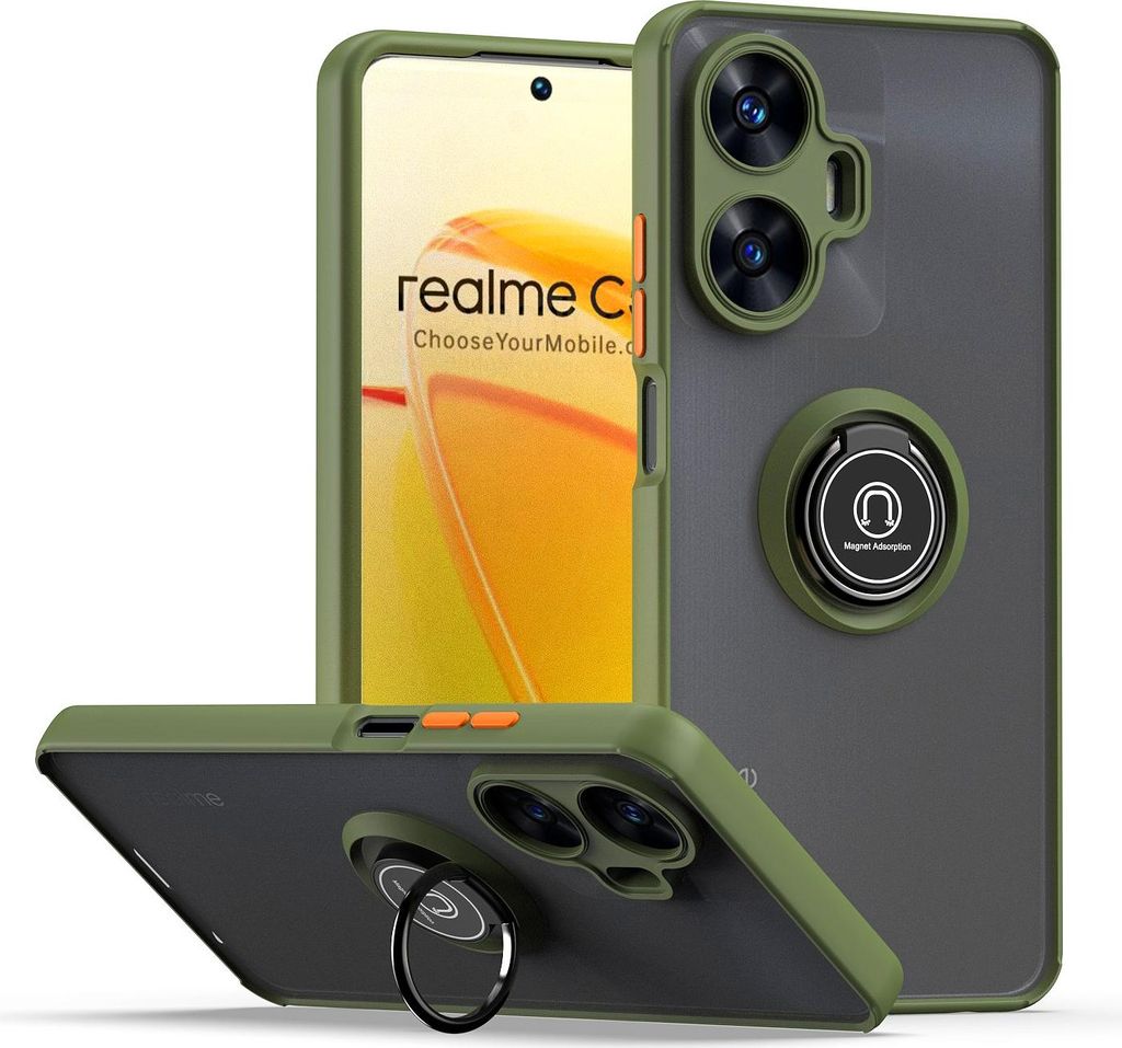 Hülle für Realme C55 4G Matte Transluzent TPU Stoßfest Schutzhülle mit Ring Halter Ständer Grün