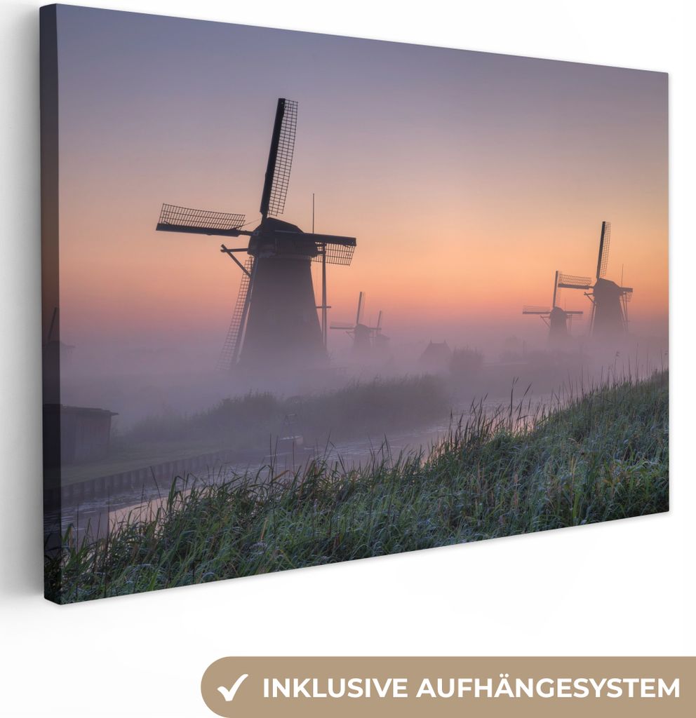 OneMillionCanvasses - Leinwandbilder - 140x90 cm, Mühle - Niederlande - Nebel, Wandbilder Kunstdruck Wanddekoration - Foto auf Leinwand - Gemäl...