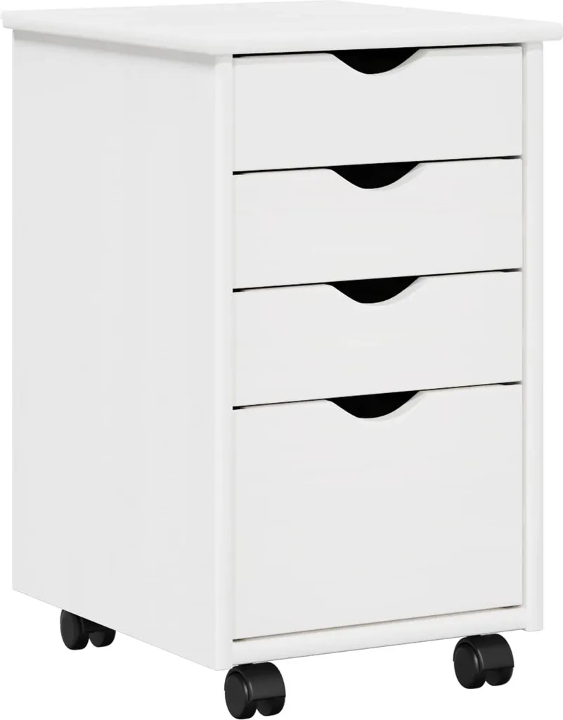Cabinet blanc à roulettes en pin massif pour organiser un petit bureau