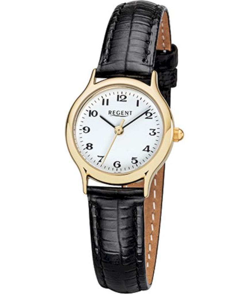 Regent F-971 Damen-Uhr Analog Quarz mit Lederarmband Edelstahl IP Gold Ø 23 mm