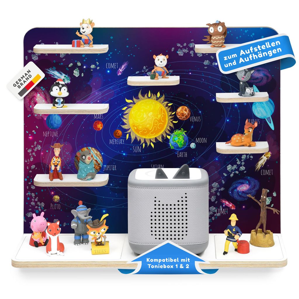 stadtecken Kinder Regal für Musikbox I Geeignet für die Toniebox 1 & 2 und Tonies I Hörspiel I zum Aufstellen oder Aufhängen I Sonnensystem