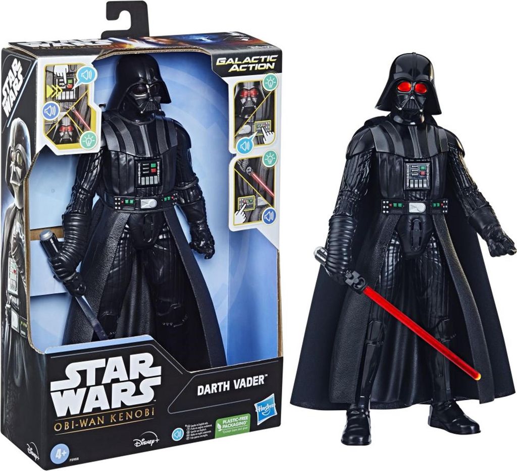 A product image showing a Darth Vader action figure in its packaging and also displayed outside of the packaging.