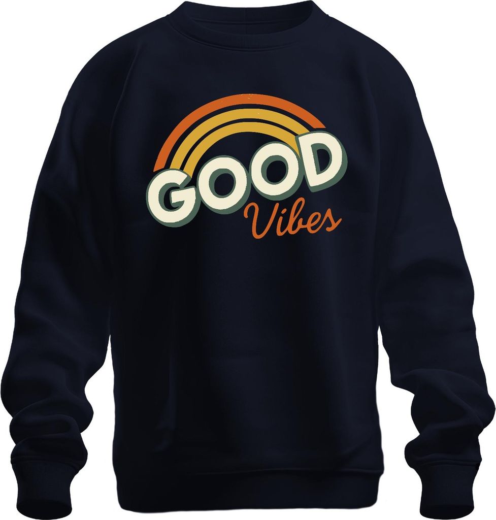 Good Vibes Retro Regenbogen Vintage 70erJahre Hippie Boho Sommer Uni Sweatshirt Pullover, Navy, M