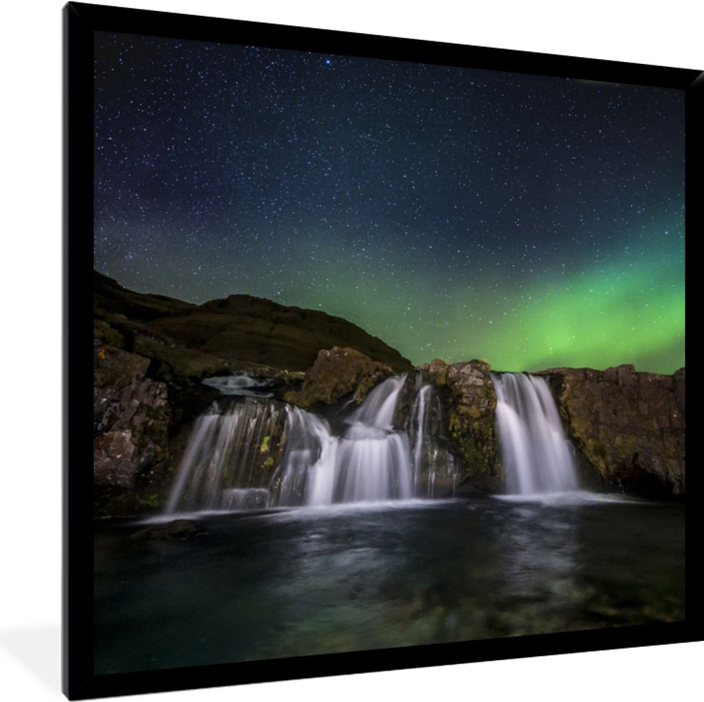 MuchoWow Gerahmtes Poster Nordlicht - Wasserfall - Island - Natur 40x40 cm - Poster mit Schwarzem Bilderrahmen Wandposter Rahmen Foto Bilder - Mi...