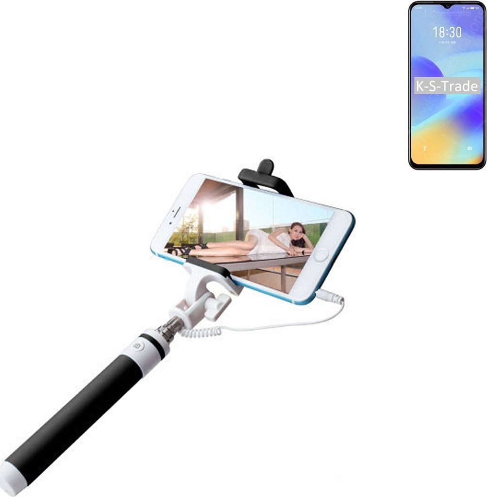 K-S-Trade Selfie Stick kompatibel mit Meizu M10 Selfiestick kabelgebunden Monopod mit Kabel Stab Stange Selfportrait Handheldstick schwarz 1x
