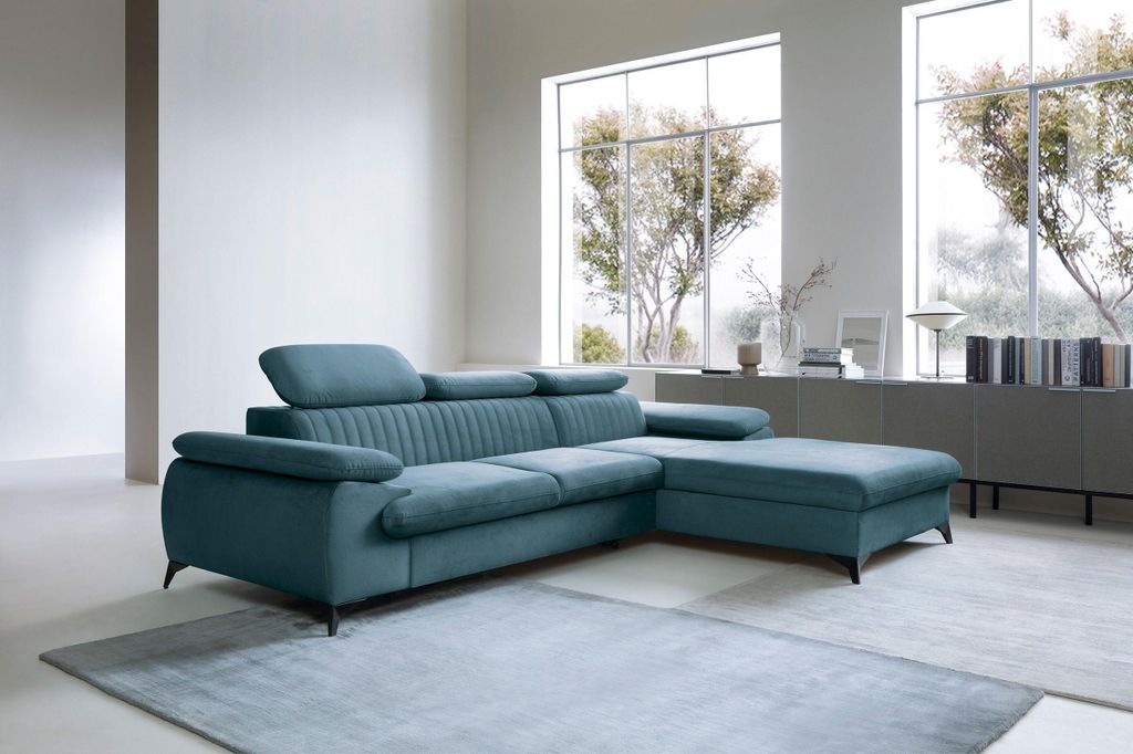 Masseno Ecksofa FIORE mit Schlaffunktion L-Form, Sofa mit Bettkasten, Wohnzimmersofa, Couch, Soffa, Bettsofa, Couchgarnitur- Blau, MONOLITH 76