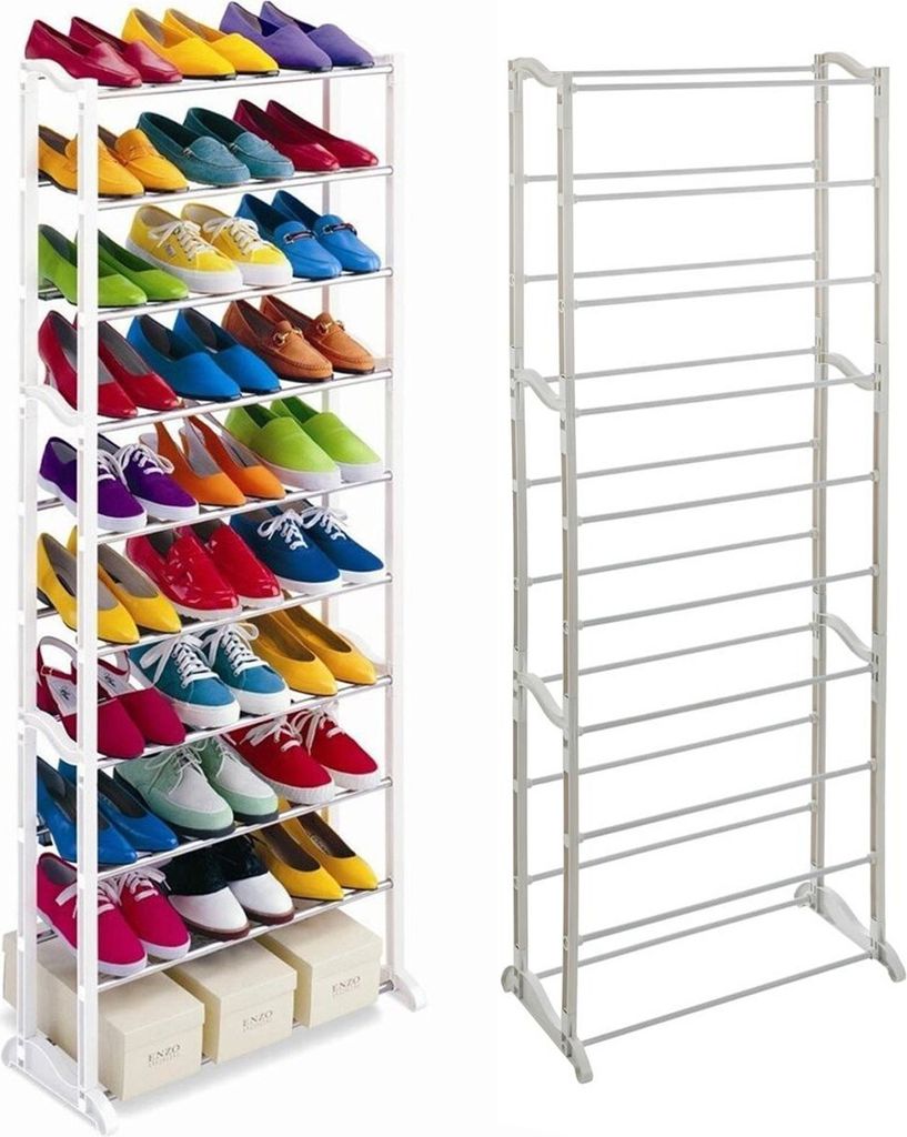 A collage of a multi-tier shoe rack filled with various colored shoes and an empty shoe rack next to it.