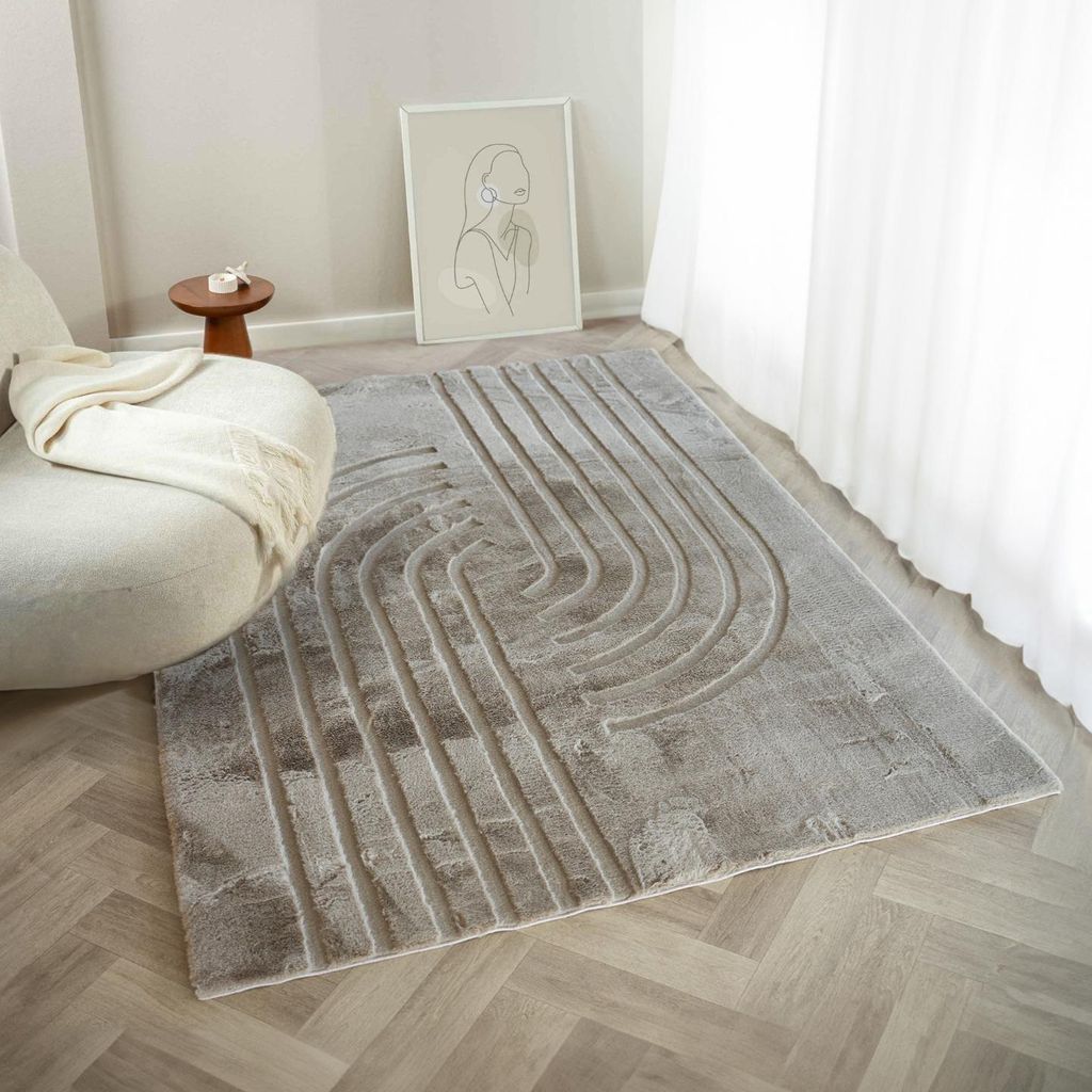 Hochflor Teppich Bohemian Arches Taupe – Wohnzimmer Teppich mit 3D Muster, Boho Japandi Skandi, Weich & Antiallergisch – Größe 160 x 230 cm